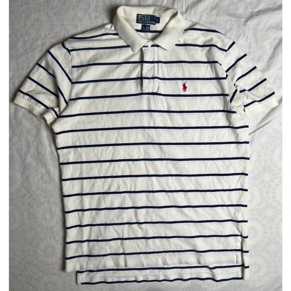 Polo Ralph Lauren Size Large 100% Cotton Striped White Polo Rugby Short Sleeve - Picture 1 of 7